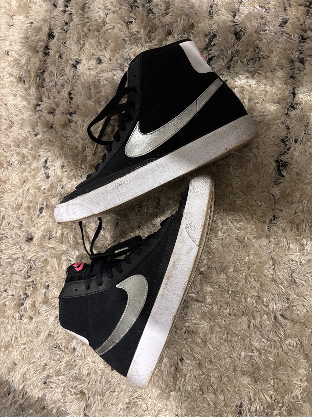 Nike Black and Silver High-Top Sneakers with Pink Accent